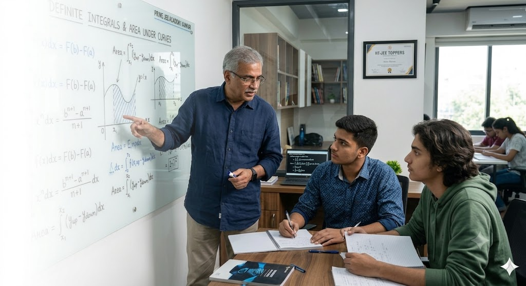 Tutor teaching students at whiteboard